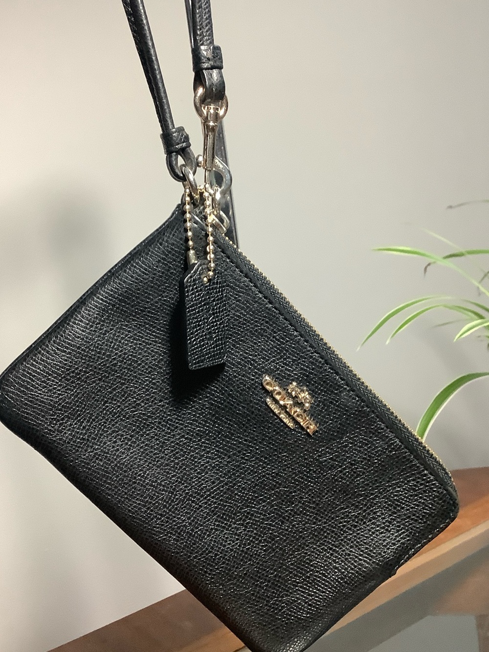 Coach Black Leather Wristlet with Gold Hardware